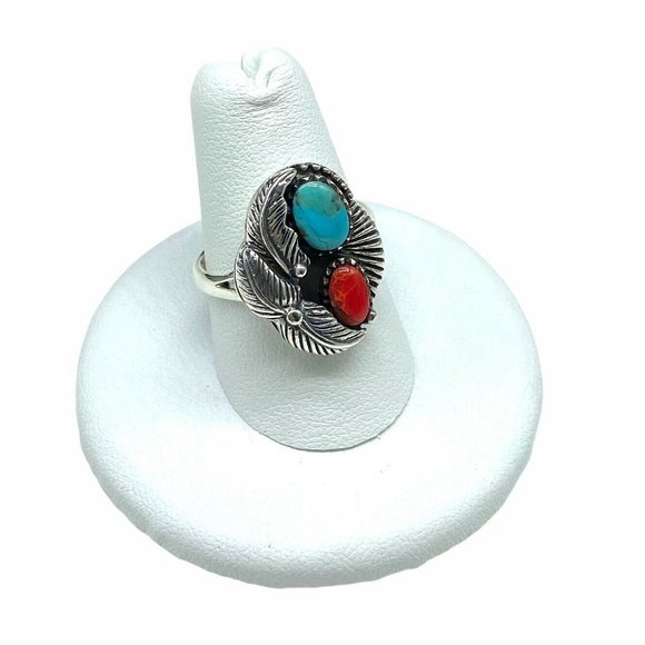 Turquoise Coral Ring 925 Sterling Silver Boho - Picture 3 of 5